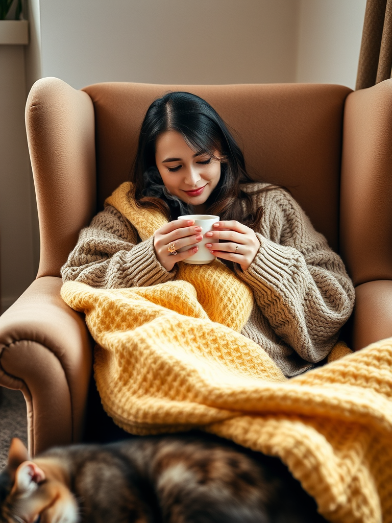 A cozy indoor scene of a woman in a chunky sweater sitting in a comfortable chair, holding a warm drink with steam rising, wrapped in a soft, textured yellow blanket, with a sleeping cat at her feet, soft natural lighting, focus on the woman's expression, 50mm lens, f/2.8 aperture, ISO 200, shallow depth of field.