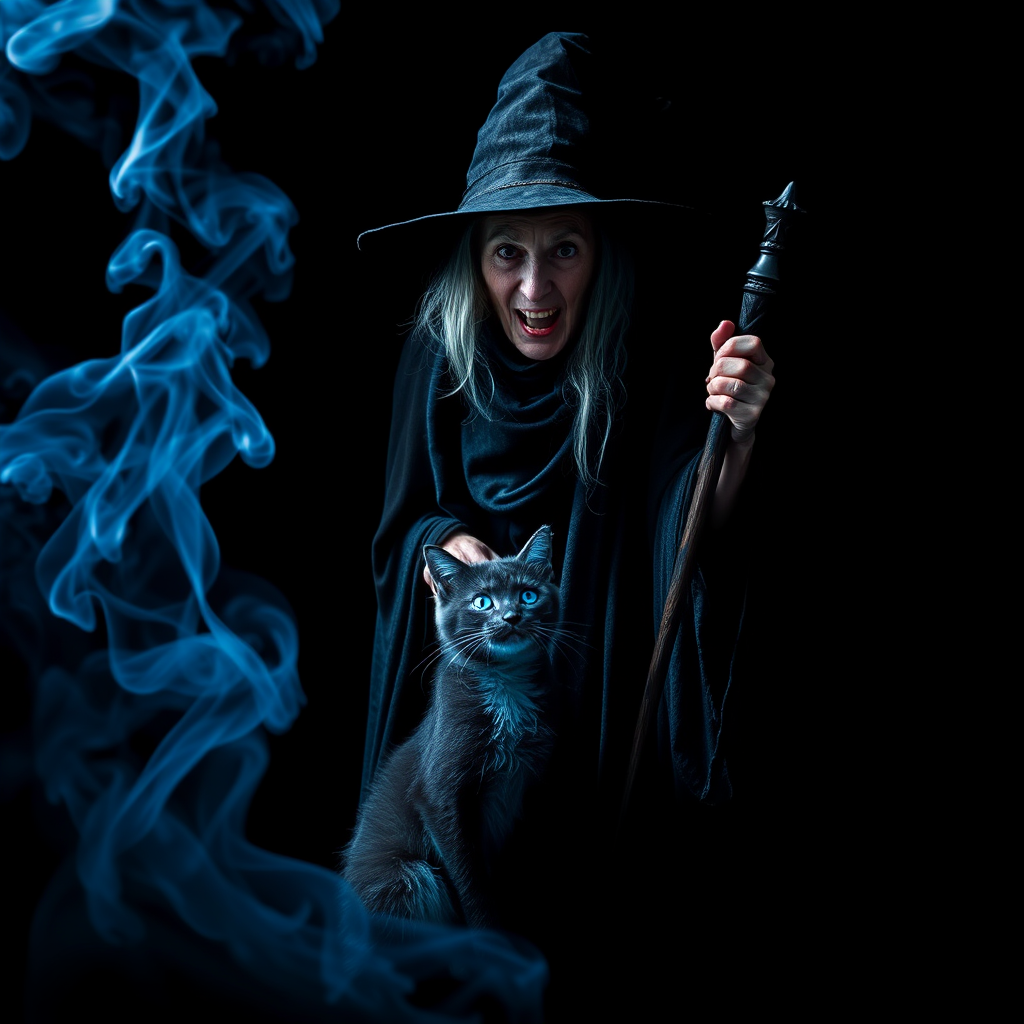 Close-up of a mysterious old crone female witch and her cat made of blue smoke are standing in the dark cackling evilly at the viewer. The smoke is a deep blue, and the background is black. The crone is wearing a long, flowing robe and has a pointed hat on her head. She is holding a staff in one hand and has a mischievous look on her face. The cat is sitting at her feet, looking up at her with glowing blue eyes. The smoke around them is swirling and shifting, as if it has a life of its own. The overall effect is eerie and magical.