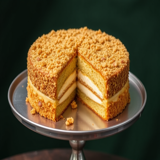 A delicious cake with a golden crumb topping and layers of creamy filling visible from a slice cut out, set on a silver cake stand with a blurred green background.