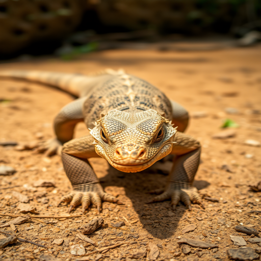 A close-up shot of a Komodo dragon walking on dry, textured ground, natural lighting, f/4 aperture, ISO 200, 1/500 shutter speed, taken with a DSLR camera in macro view with a 70-200mm lens to capture fine details of the reptile.