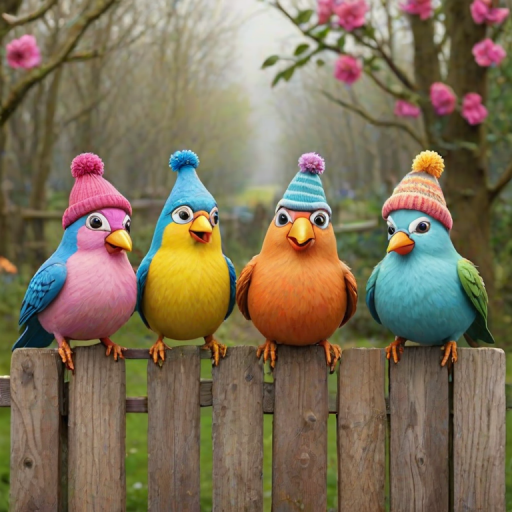 create a scene of 4 quirky  whimsical colourful comical birds each with a funny expression. they are sat on a wooden fence with colourful flowers. they are all different sizes. each one is a different colour  one is wearing a woolly hat. Each one has a different quirky google expression and there is a muted background of trees watercolour paintierly style high definition 8k resolution 3D paper mache