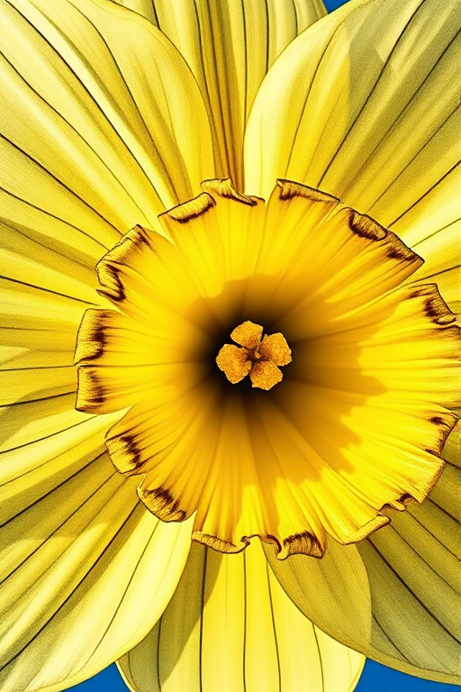 Generate a detailed and high-resolution illustration of a daffodil with intricate textures and shading, shot with a DSLR camera, aperture f/2.8, ISO 100, 50mm lens, natural light, close-up view, emphasize vibrant colors and fine details.