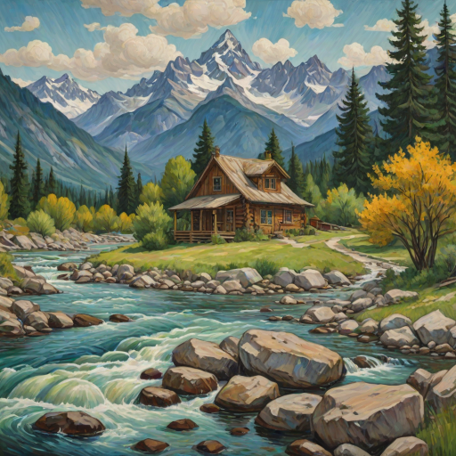 This Van Gogh-inspired painting depicts a peaceful scene of a small cabin located near a flowing river. The scene is surrounded by lush vegetation, including tall trees and rocky terrain. In the background, majestic mountains rise under a sky filled with rolling clouds. The river gently cascades over the rocks, adding a sense of movement and tranquility to the scene. The use of vibrant colors and detailed brushstrokes create a sense of depth and harmony in the natural setting.