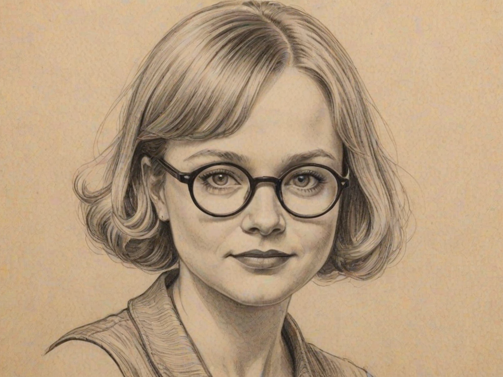 Wonderful Lauren Potter, pencil sketch, portrait of Bewitching woman 1926s in glasses, hair style beatnik, outline, clear lines, fine lines, 8k