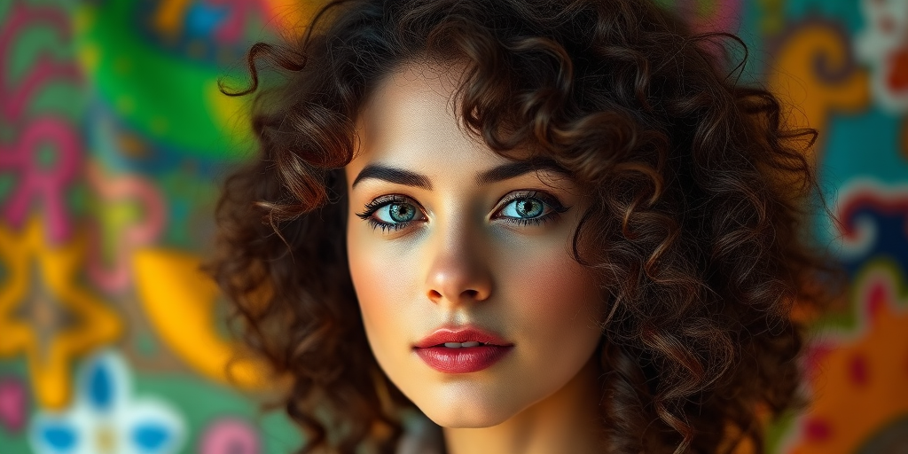 portrait of a woman with curly hair, vibrant abstract background, soft natural light, shallow depth of field, 50mm lens, f/1.8, ISO 100, high resolution, digital art style