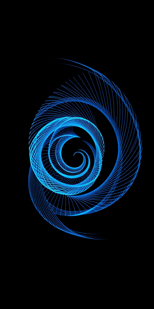 Generate a 3D wireframe visualization of an abstract blue spiral with dynamic lines and depth on a black background, using a DSLR camera with a 50mm lens, aperture set to f/2.8, ISO 100, shutter speed 1/125s, wide-angle view, high contrast style.