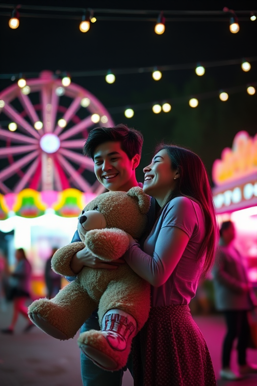 Blurry, dimly lit photo, outdoor carnival scene, young couple standing close, she's holding a large stuffed bear, he's mid-laugh, string lights from carnival rides twinkling behind them, cotton candy vendor in the distance, soft neon glow from the rides casting a pink hue over them, people milling around in the background.