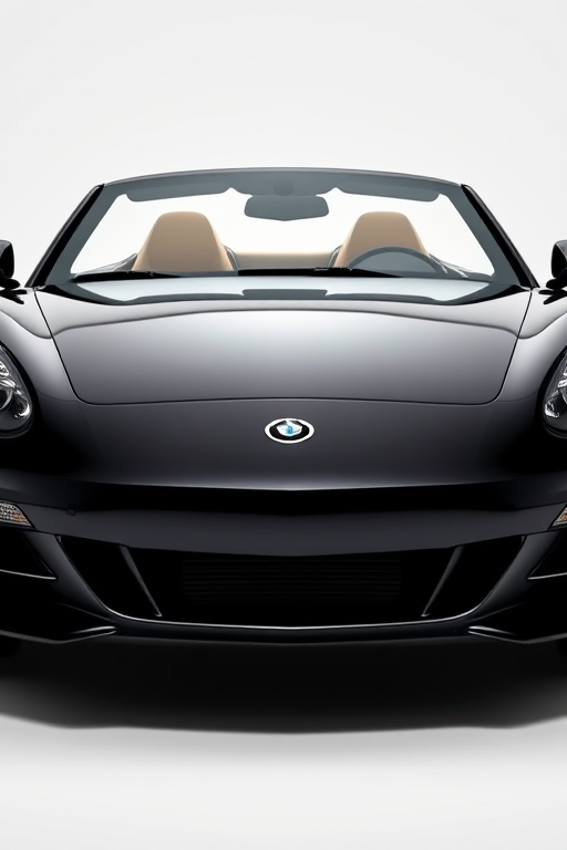 create a realistic image of a black convertible car with sleek design, frontal view, high-definition, 50mm lens, f/1.8 aperture, ISO 100, natural lighting, studio setting