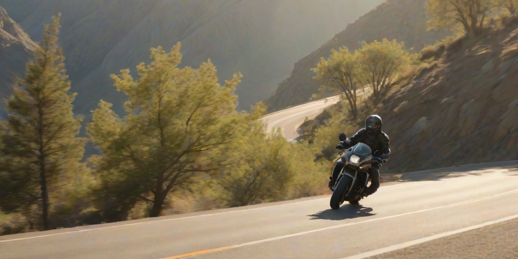 Blurry, high-speed photo of a motorcyclist racing down a winding mountain road, trees and cliffs whizzing by, bright afternoon sun casting long shadows, a cloud of dust trailing behind, a distant view of a deep valley below.