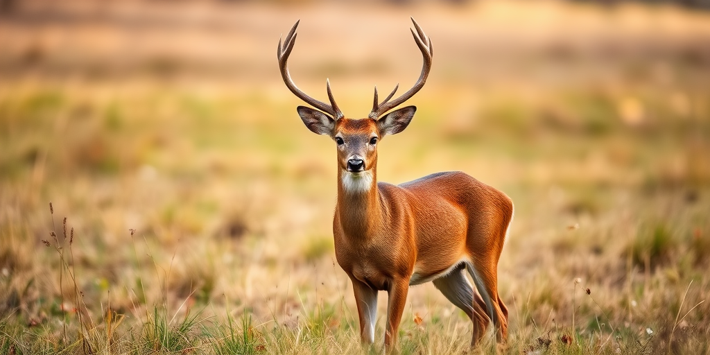 A majestic deer standing in a grassy field with fallen leaves, captured in soft natural light, using a Canon EOS R5 camera with a 50mm lens at f/2.8, ISO 200, 1/200 sec, in portrait mode.