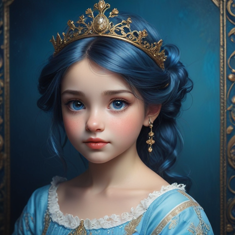 A Young Princess with Blue Hair Wearing a Golden Crown and Elegant Dress