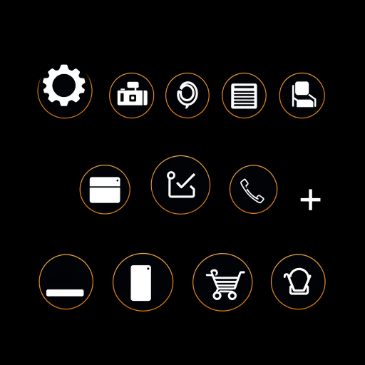 Create a high-resolution image of a grid of twelve circular icons on a black background with a gold outline, featuring a gear, camera, user profile, calendar, trash can, check mark, clock, table, phone, cross, shopping cart, and information symbol, using a Canon EOS R5 camera with a 50mm f/1.2 lens, aperture set to f/8, ISO 100, and shot with a standard view at 24 megapixels.