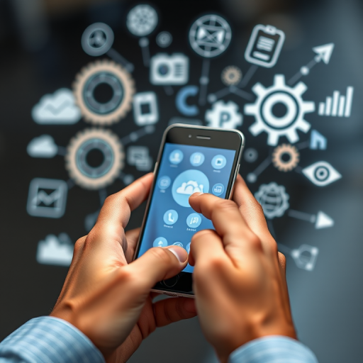 Create an image of two hands interacting with a smartphone, surrounded by digital marketing icons and gears, using a Canon EOS R5 at f/2.8, ISO 100, 1/200s, in a macro style shot with a slight depth of field to enhance detail and background blur.