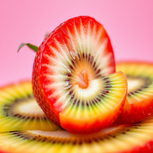 Create a vibrant, high-resolution digital image of a sliced strawberry and kiwi layered in a spiral motion with a pink gradient background, using a DSLR camera at f/2.8 aperture, 1/160s shutter speed, and ISO 100, with a macro lens for detailed focus and enhanced colors.