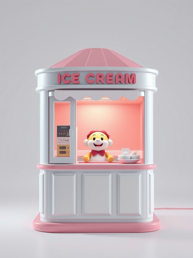 Create a high-quality 3D rendering of a minimalist ice cream kiosk with a cheerful character inside, using a 50mm lens, f/8 aperture, ISO 100, shot from a front three-quarter view, in soft studio lighting with a professional DSLR camera.