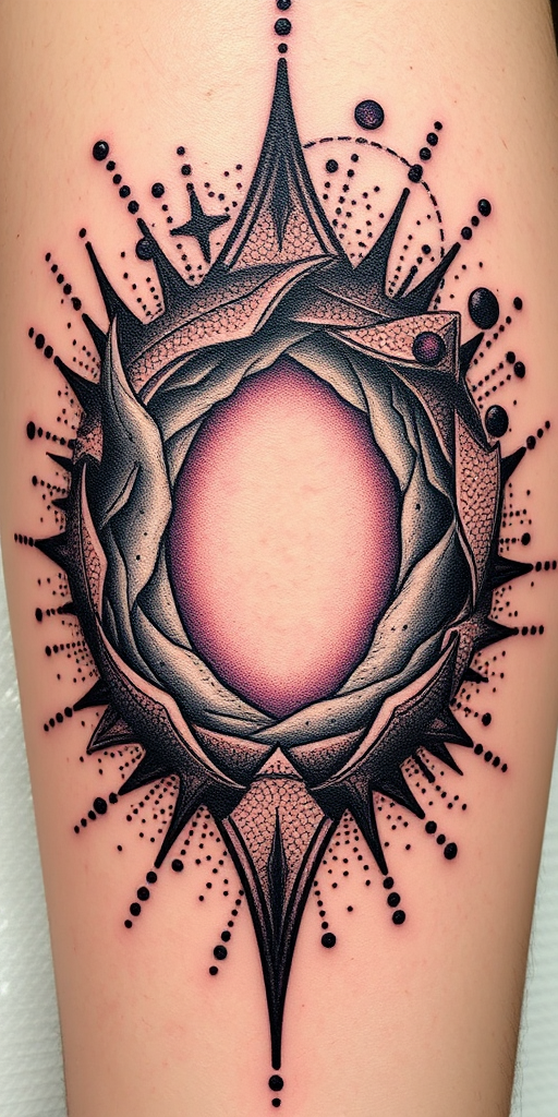 Dotwork tattoo named "Quantum Realm" using intricate stippling techniques to create a three-dimensional portal effect revealing a glimpse into an alternate universe