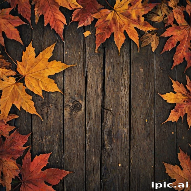 Autumn Leaves Cascading Over Rustic Wooden Background in Warm Hues