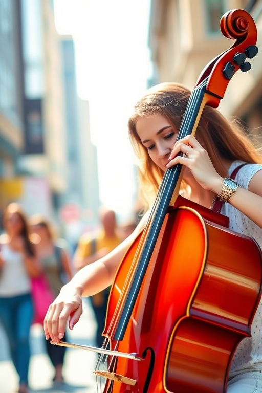Young woman playing cello in a busy urban setting, bright sunlight, shallow depth of field, ISO 100, f/2.8, 1/2000s, DSLR camera, 85mm lens, high-resolution, vibrant colors.