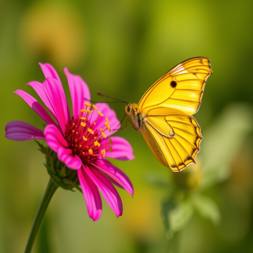 A close-up of a yellow butterfly perched on a vibrant pink flower with a softly blurred green background, captured using a DSLR camera, 70mm lens, aperture f/2.8, shutter speed 1/500s, ISO 100, in natural light.