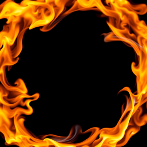 Create a vibrant, swirling fire circle on a black background with high contrast, using a DSLR camera at f/2.8 aperture, ISO 100, 1/250s shutter speed, taken from a straight-on view with a macro lens to capture intricate details and textures of the flames.