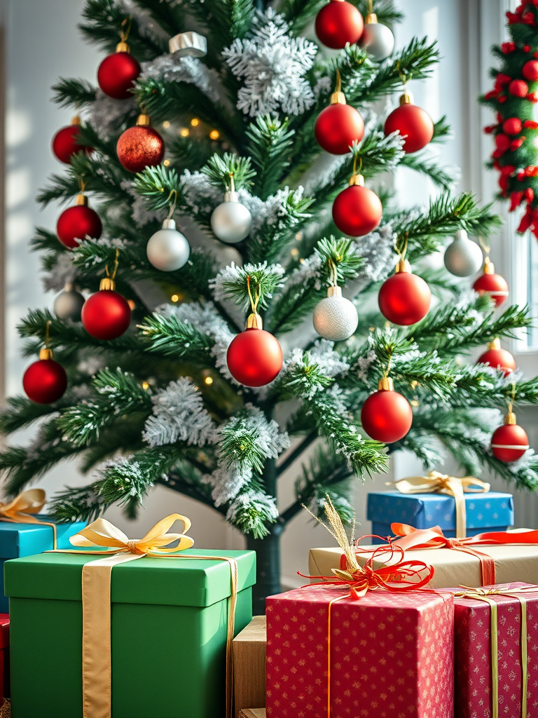 Create a cozy Christmas scene featuring a beautifully decorated Christmas tree with red and silver ornaments, surrounded by colorful gift boxes, captured with a DSLR camera at 50mm, f/2.8 aperture, ISO 200, in soft natural light for an inviting atmosphere.