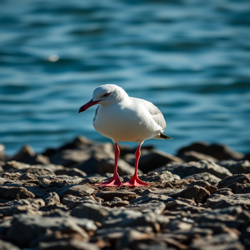 seagull standing on the rocky shoreline pecking at the ground, shallow depth of field, bright natural lighting, 50mm lens, f/1.8, ISO 100, shutter speed 1/200s, DSLR camera, taken from a low angle for a dynamic perspective