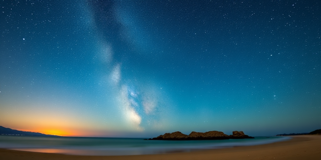 capture a stunning night sky with the Milky Way clearly visible over a serene beach with a sandbar, use a Canon EOS R6 camera with a 24mm f/1.4 lens, ISO 3200, shutter speed 25 seconds, aperture f/2.8, shot from a low angle for a wide view, enhance clarity and colors in post-processing