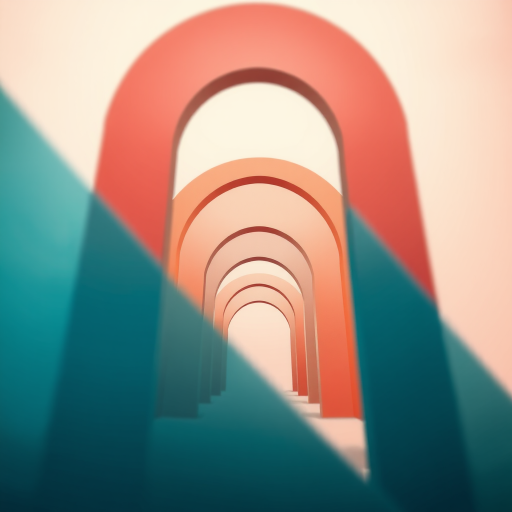 Create an abstract image featuring layered arches in shades of red, teal, and beige on a light background, using a DSLR camera with a 50mm lens, aperture set to f/8, ISO 100, and a soft focus style for enhanced depth and vibrancy.