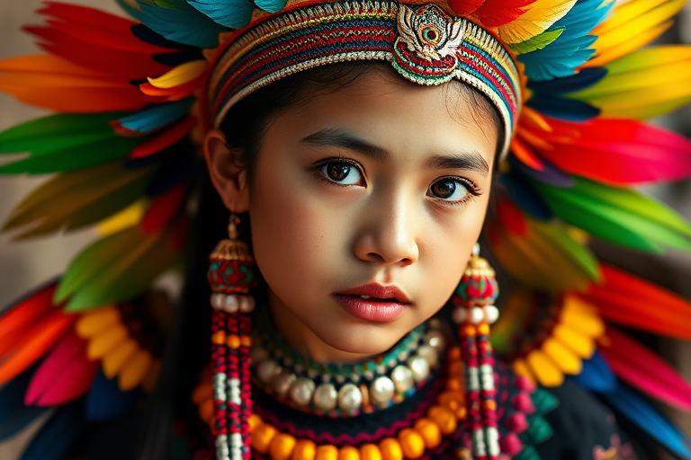 A beautiful Maya girl, wearing colorful bird clothing with vibrant colors