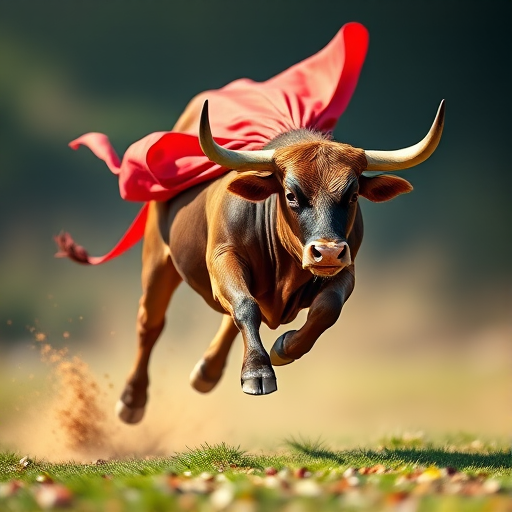 Generate a high-resolution polygonal image of a bull with a red cape flying through the air, using a DSLR camera with a 50mm lens, aperture set at f/2.8, ISO 100, and a shallow depth of field.