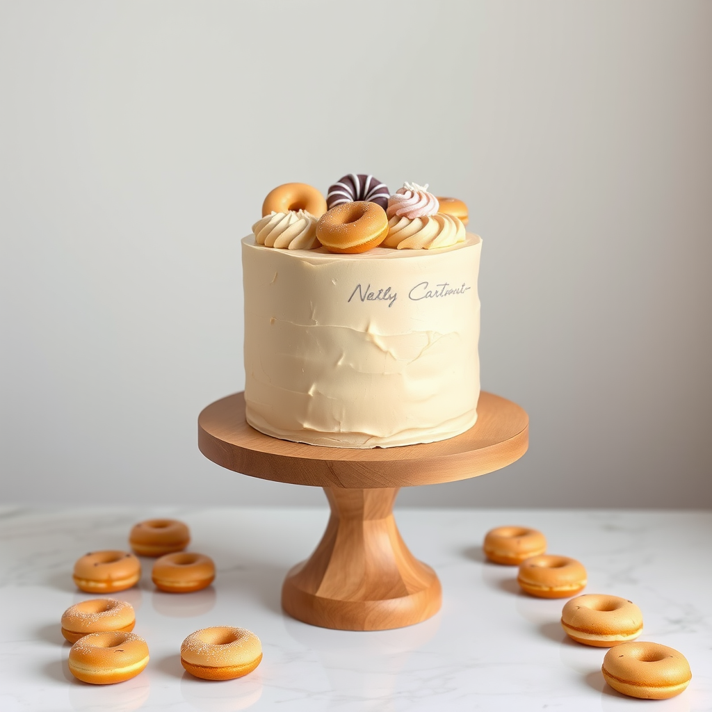 Create an image of a tall cake with smooth beige frosting topped with mini donuts and decorative swirls of frosting on a wooden cake stand surrounded by small donuts on a marble surface with a light background.