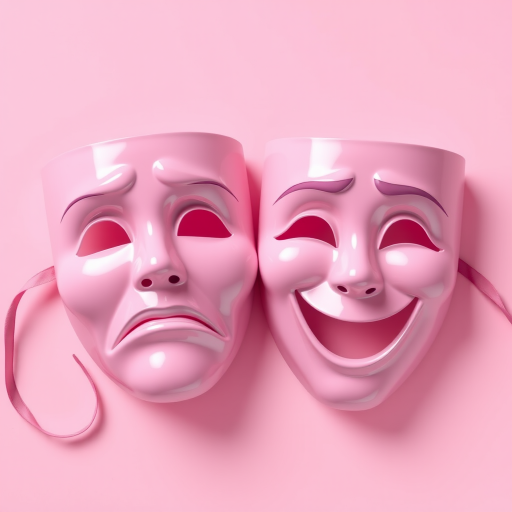 Create a high-resolution image of two pink theatrical masks, one sad and one happy, with smooth outlines and a stylized design, captured with a DSLR camera at f/1.8 aperture, ISO 100, 50mm lens, top-down view, soft lighting to enhance colors and details.