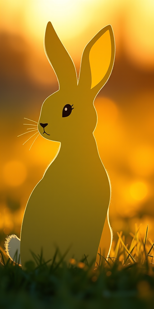 Create a high-resolution illustration of a whimsical bunny silhouette with soft curves and expressive features, using a Canon EOS R5 camera with a 50mm f/1.2 lens, aperture set to f/2.8, ISO 100, in natural light at golden hour, with a shallow depth of field to enhance the quality and focus on the bunny shape.