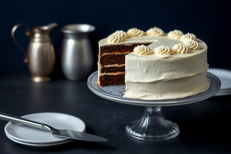 A beautifully decorated chocolate cake with white frosting on a cake stand partially sliced revealing layers of chocolate and frosting a silver cake server next to it with a simple plate in the background and a metallic pitcher behind the cake all set against a dark blue backdrop.