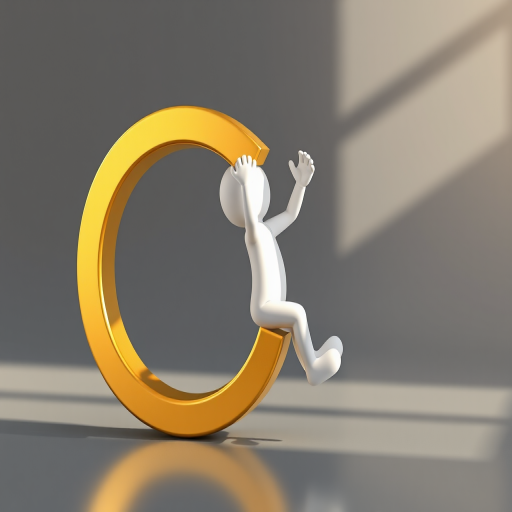 Create a high-resolution image of a 3D gold letter "C" being lifted by a white cartoon figure, using a DSLR camera with a 50mm lens, f/1.8 aperture, ISO 100, and soft natural lighting from the left.