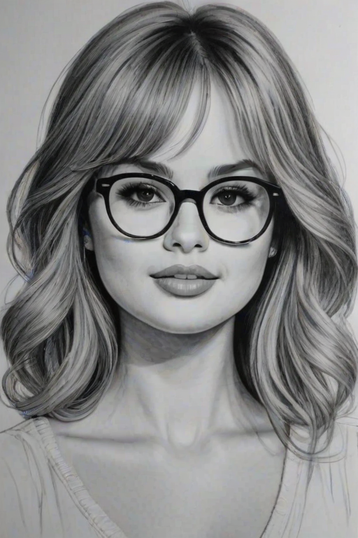 Lovely Debby Ryan, pencil sketch, portrait of Sublime woman 1963s in glasses, hair style beatnik, outline, clear lines, fine lines, 8k