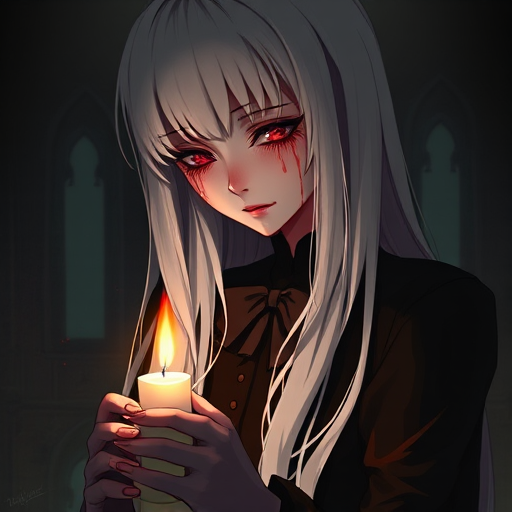 1girl, blood, solo, long hair, blood on face, Holding a burning candle, looking down , looking at candle, white hair, nosebleed, pink eyes, hair between eyes, lips, closed mouth, freckles, bangs, very long hair, standing in the dark castle, darkness, glow, dark theme, masterpiece, artistic, unusual, extraordinary, magical
