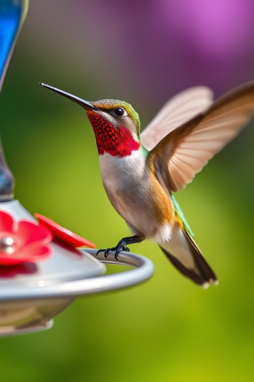 highly detailed close-up of a hummingbird hovering near a feeder, vibrant colors, soft bokeh background, ISO 400, f/5.6, 1/2000s, 100mm macro lens, natural sunlight, DSLR camera