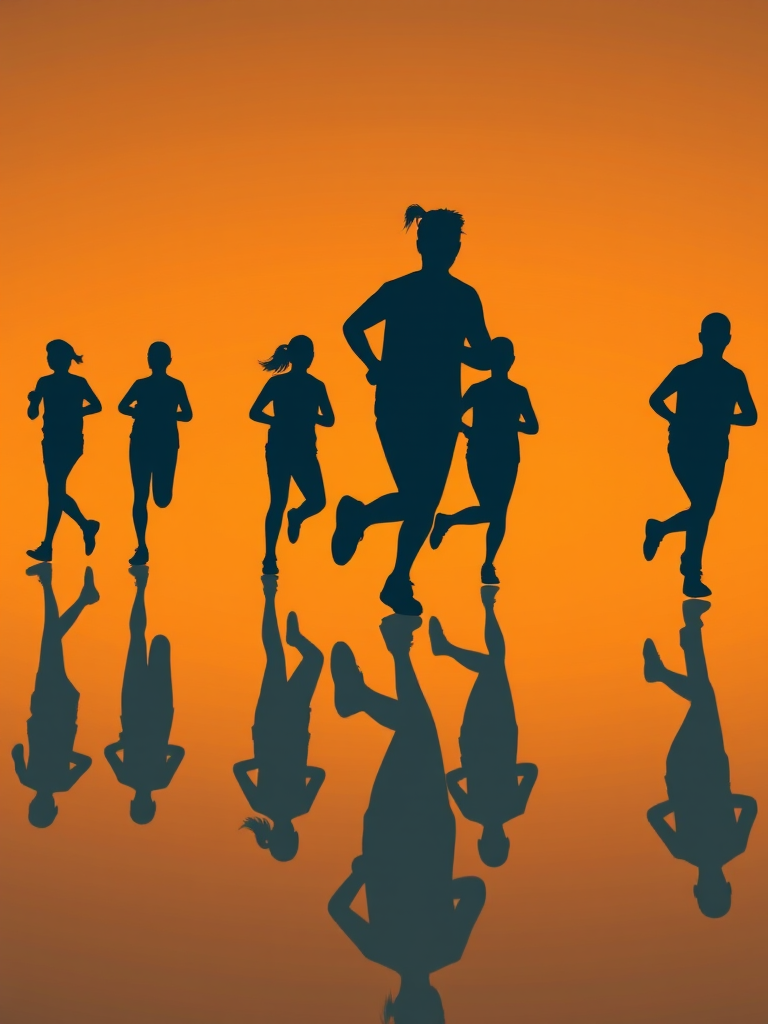 generate a digital illustration of abstract silhouettes of people jogging with reflections on a smooth surface, use a warm orange background, camera settings: f/8 aperture, ISO 100, 50mm lens, camera view: low angle perspective, camera style: minimalistic, camera type: digital art