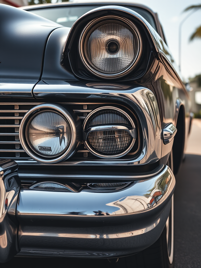 Create a high-resolution image of a classic car, shot from a low angle perspective with a 35mm lens, using natural lighting, aperture set to f/8, ISO 100, and a shutter speed of 1/250 second, focusing on intricate details of the vehicle's design.