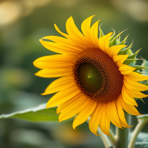 sunflower portrait shot, f/2.8 aperture, ISO 100, 1/500 sec shutter speed, soft focus background, natural light, DSLR camera with a macro lens, slightly tilted angle to emphasize petals
