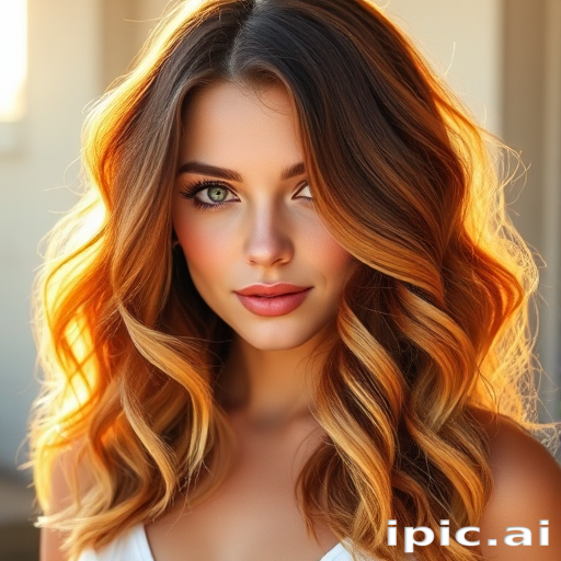 Radiant sunlight illuminates a woman with Sunset Ombre tresses, cascading waves transitioning from deep auburn roots to brilliant golden tips, styled in loose beachy curls framing her face