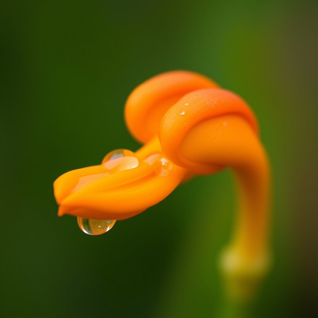 macro shot of an orange flower bud with water droplets, shallow depth of field, ISO 200, f/2.8, 1/200s, 100mm lens, natural soft lighting, blurred green background, Canon DSLR camera