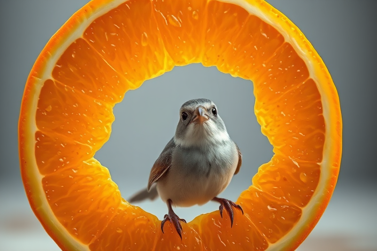 A whimsical scene of a small bird emerging from an orange slice, brightly colored with realistic textures, taken with a DSLR camera, 50mm lens, f/1.8 aperture, ISO 200, natural light, soft focus background.