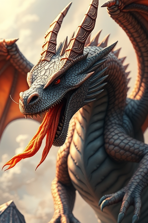 Create a highly detailed illustration of a mythical dragon in a dynamic pose, capturing intricate scales and fiery breath, using a DSLR camera at f/2.8, ISO 100, with a macro lens and natural lighting for enhanced clarity and texture.