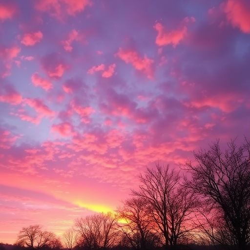 capture a vibrant sunset sky with dramatic purple and pink clouds, soft rays of sunlight breaking through, silhouetted bare trees in the foreground, shot with a DSLR camera at f/8, 1/200 sec, ISO 100, wide-angle lens, focusing on the sky for clarity and detail