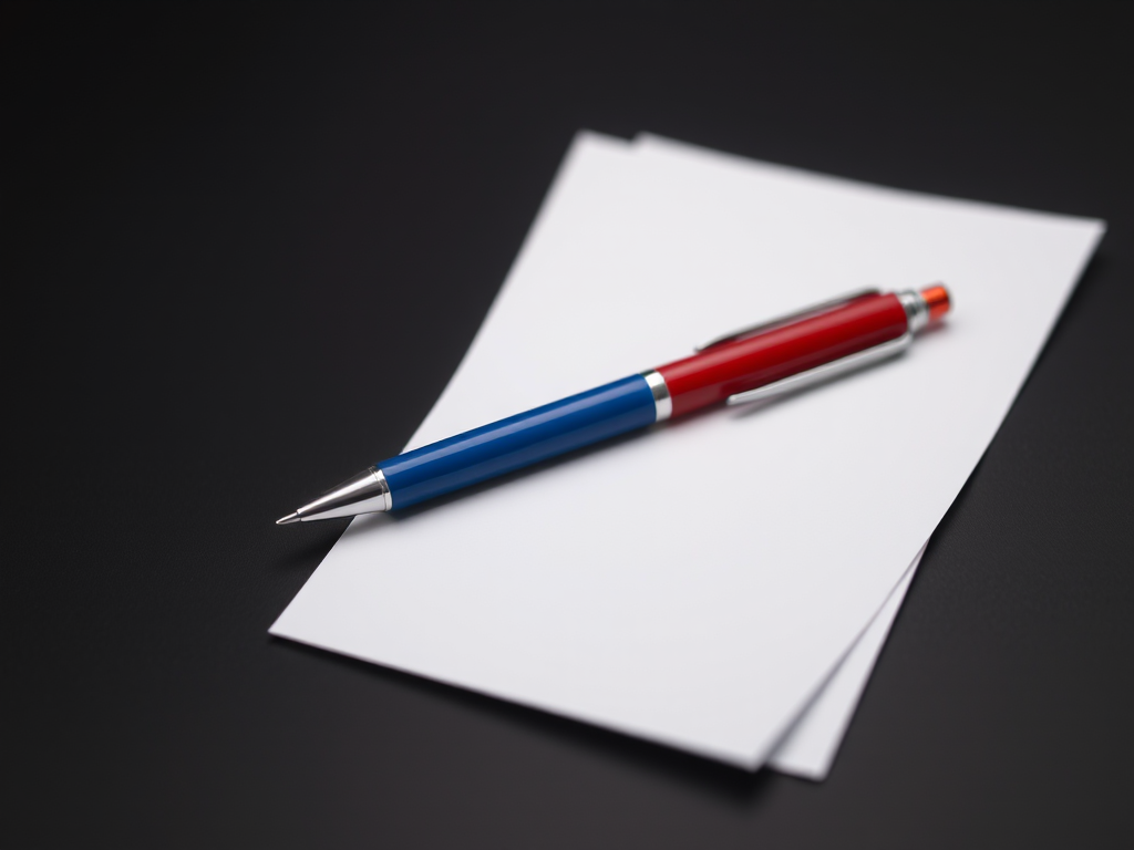 Photograph of a blue and red pen placed diagonally on a stack of two sheets of white paper on a dark background, using a DSLR camera, aperture f/2.8, shutter speed 1/125s, ISO 100, with a soft focus effect to enhance colors and details.