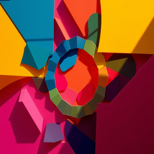Create an abstract design featuring geometric shapes in vibrant colors, captured with a Canon EOS R5, 50mm lens, f/1.8 aperture, 1/200s shutter speed, ISO 100, shot from a top-down view with natural lighting for enhanced clarity and depth.