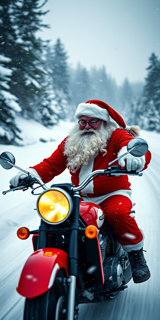 Santa Claus riding a motorcycle through a snowy landscape, action shot, shallow depth of field, f/2.8 aperture, 1/500 sec shutter speed, ISO 200, taken with a DSLR camera, in vibrant colors and high detail.