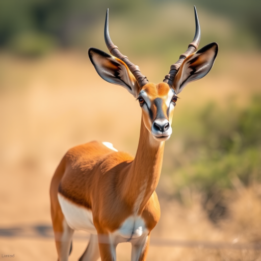 Regenerate a high-resolution image of a gazelle standing in a natural setting, use a DSLR camera with a 50mm lens, aperture f/1.8, ISO 100, focused sharp on the animal, soft bokeh background, natural sunlight to enhance details.